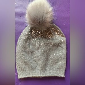 Silver gray crystal beanie with Pom Pom